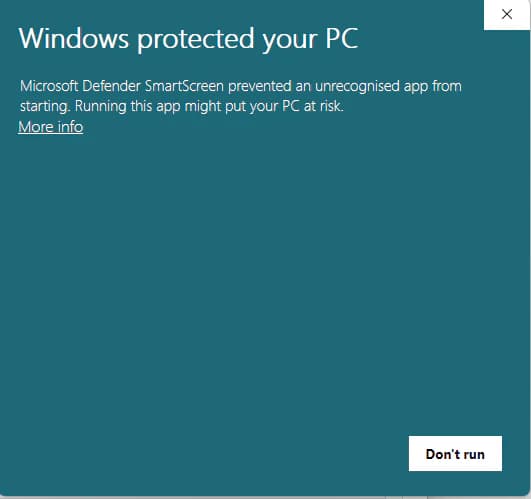 Initial Microsoft Defender SmartScreen dialog with the warning details still collapsed