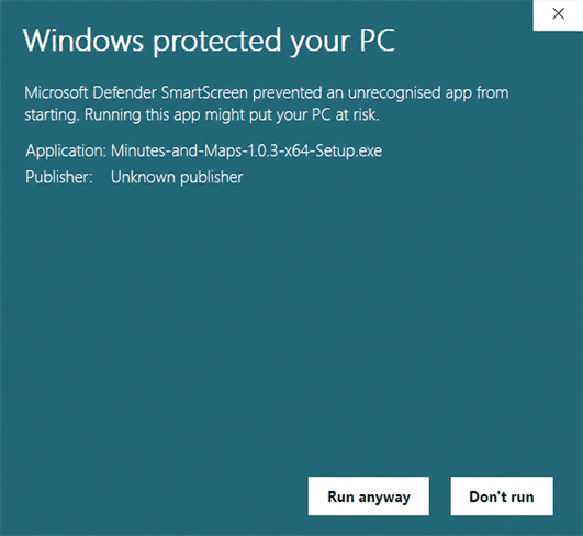 Example SmartScreen dialog from version 1.0.3 showing the previous installer filename, Unknown publisher and the available actions