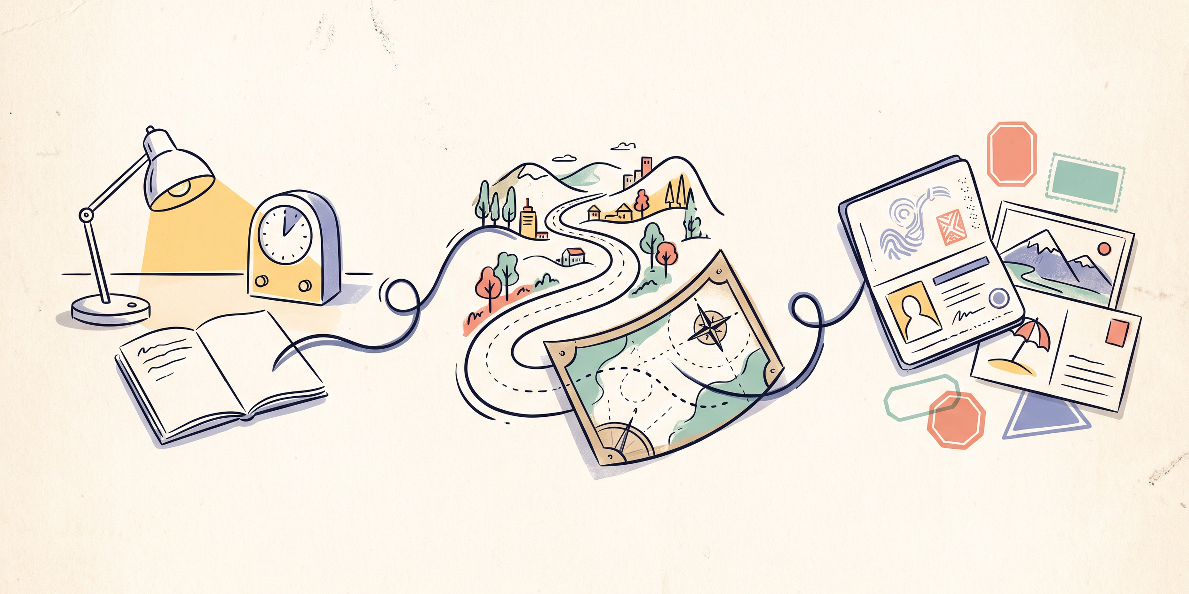 Illustration connecting a focus desk, a winding travel route and a passport collection