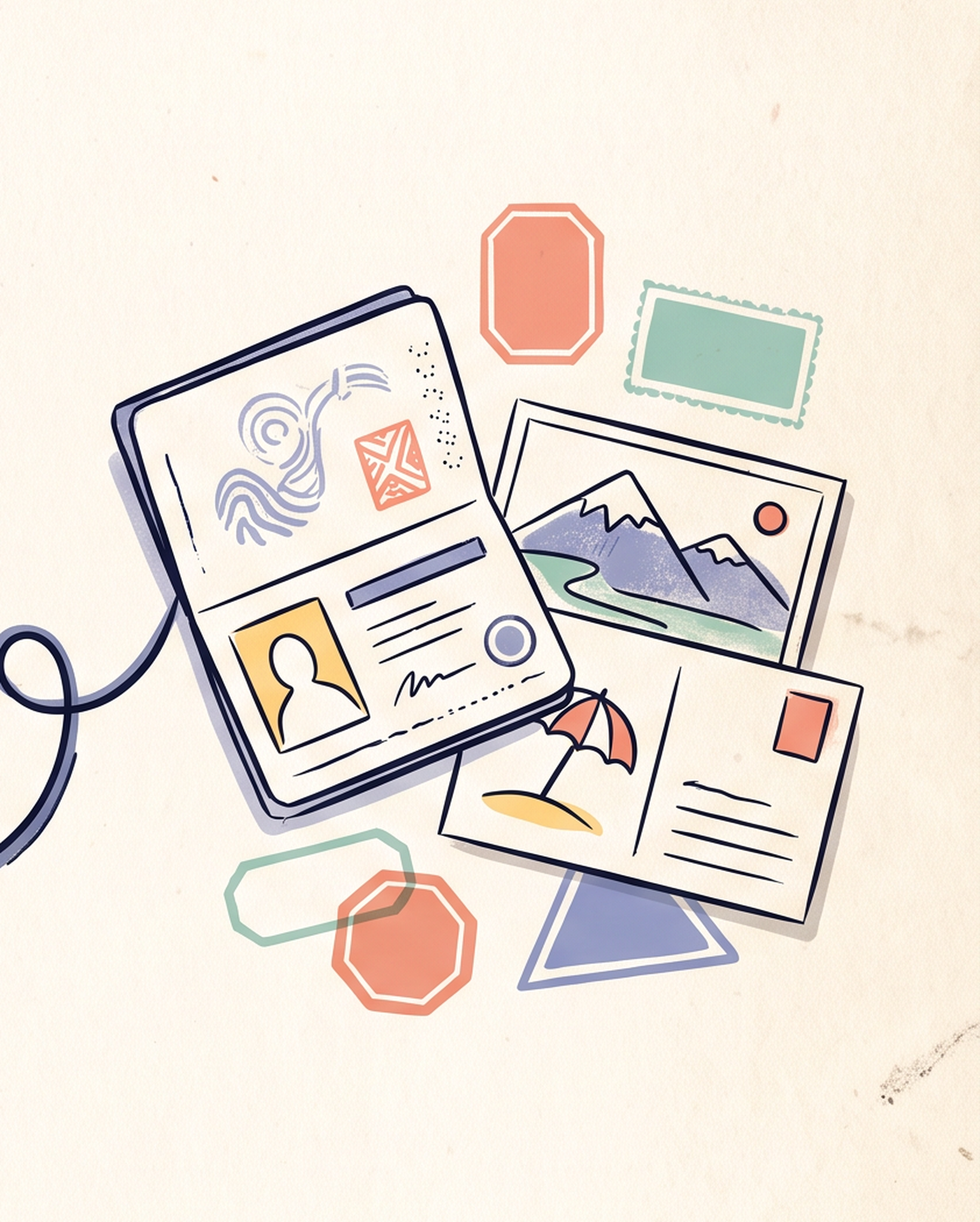 A travel passport, postcards and collectible stamps