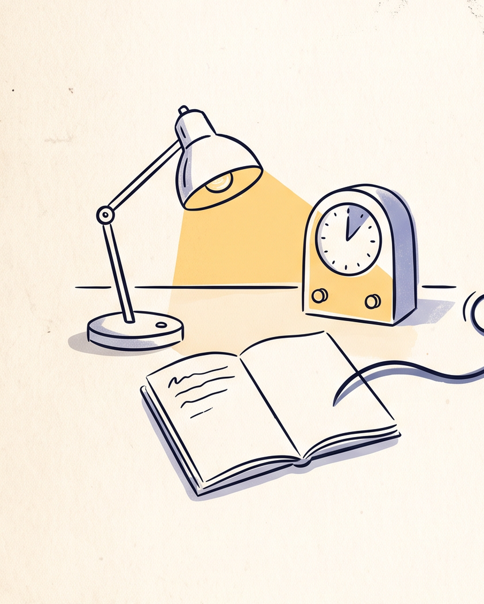 A study desk with a lamp, notebook and focus timer