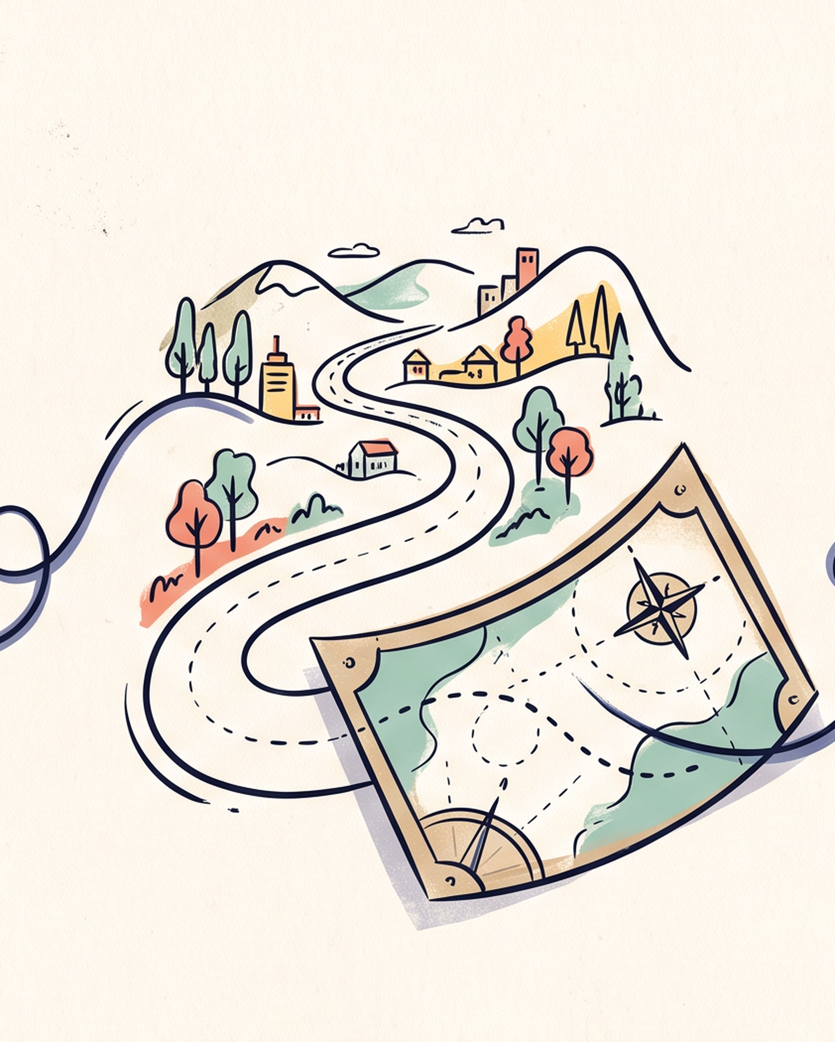 An illustrated route winding across a map and through mountains