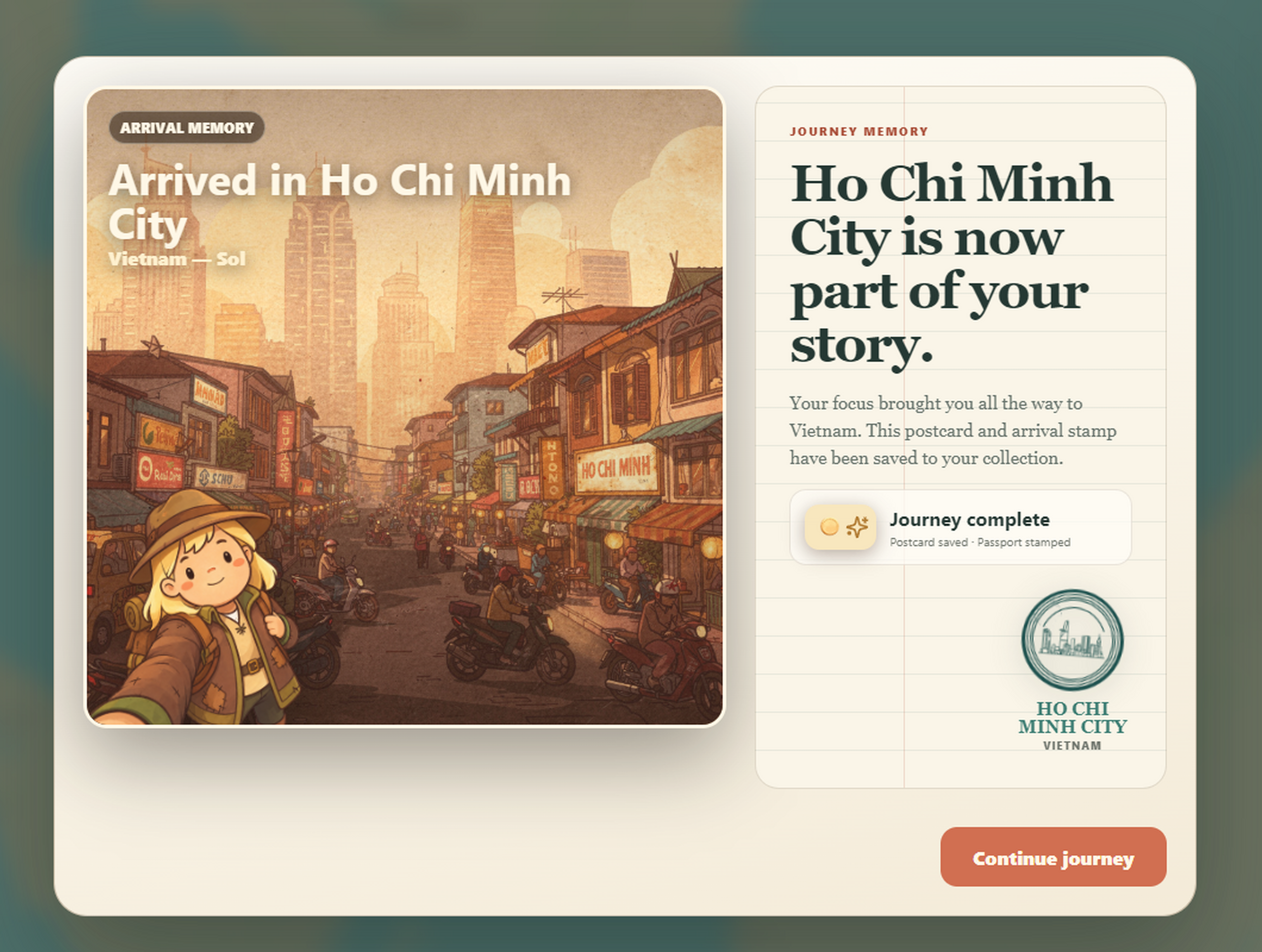 Minutes & Maps arrival screen celebrating a completed journey to Ho Chi Minh City