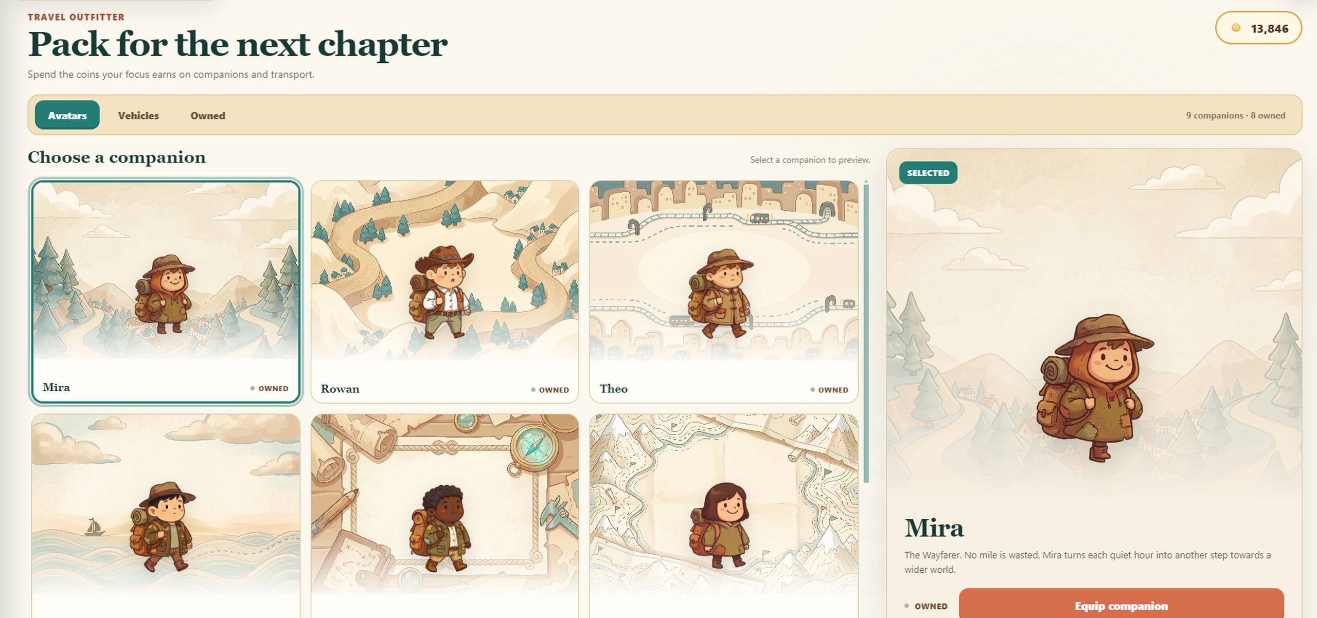 Minutes & Maps travel outfitter showing companions and customization choices