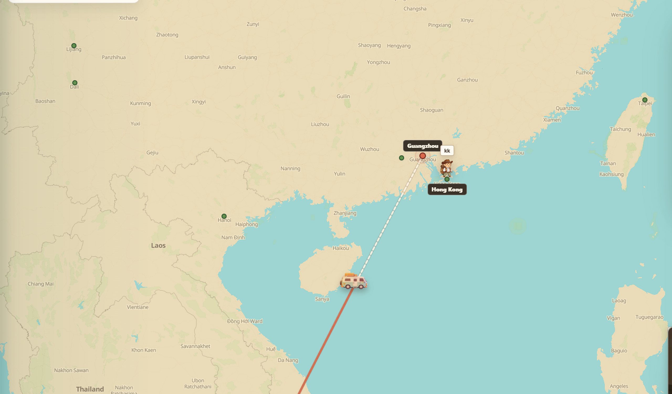 Minutes & Maps active journey screen showing a virtual route from a travel van toward Hong Kong