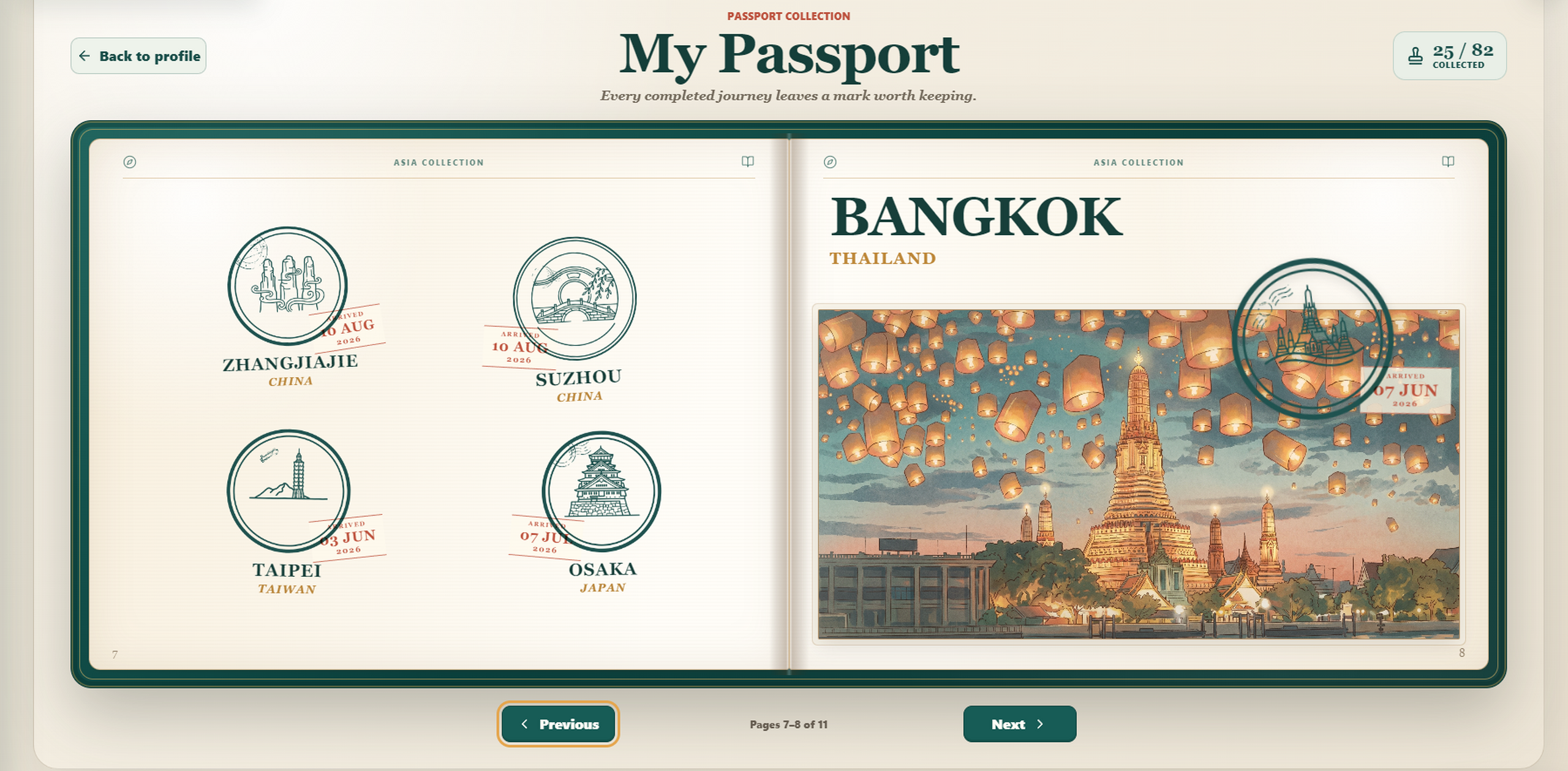 Minutes & Maps passport collection with city stamps and a Bangkok postcard